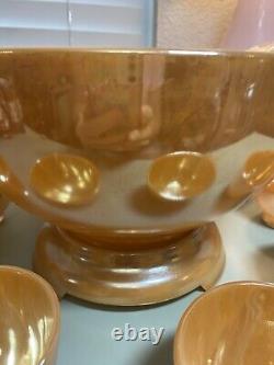 Vintage Anchorglass Gold Peach Punch Bowl Set Base Plate, Ladle, and 9 Cups