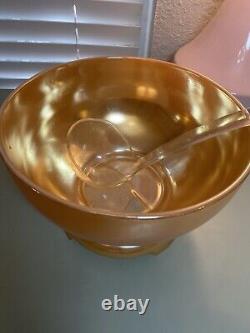 Vintage Anchorglass Gold Peach Punch Bowl Set Base Plate, Ladle, and 9 Cups