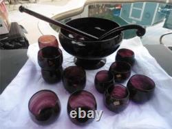 Vintage/Antique Amethyst/Purple Hand Blown Punch Bowl 12 Cups Ladle Muddler