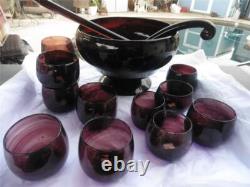Vintage/Antique Amethyst/Purple Hand Blown Punch Bowl 12 Cups Ladle Muddler