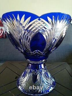 Vintage/Antique Bohemian Crystal Pedestal Punch Bowl Cobalt Blue Clear Hand Cut