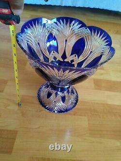 Vintage/Antique Bohemian Crystal Pedestal Punch Bowl Cobalt Blue Clear Hand Cut