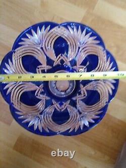 Vintage/Antique Bohemian Crystal Pedestal Punch Bowl Cobalt Blue Clear Hand Cut