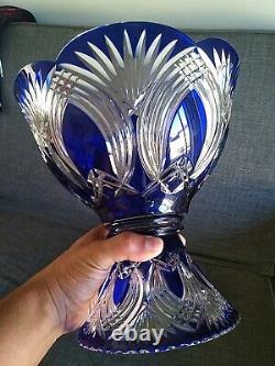 Vintage/Antique Bohemian Crystal Pedestal Punch Bowl Cobalt Blue Clear Hand Cut