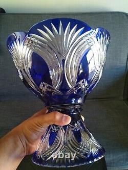 Vintage/Antique Bohemian Crystal Pedestal Punch Bowl Cobalt Blue Clear Hand Cut