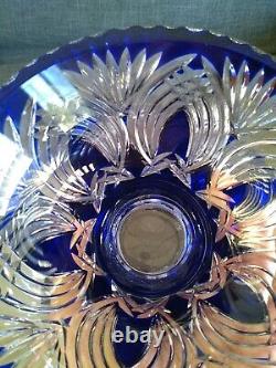 Vintage/Antique Bohemian Crystal Pedestal Punch Bowl Cobalt Blue Clear Hand Cut