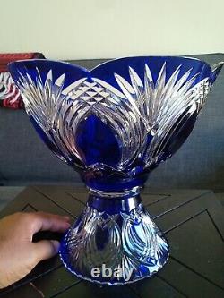 Vintage/Antique Bohemian Crystal Pedestal Punch Bowl Cobalt Blue Clear Hand Cut