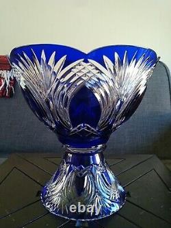 Vintage/Antique Bohemian Crystal Pedestal Punch Bowl Cobalt Blue Clear Hand Cut