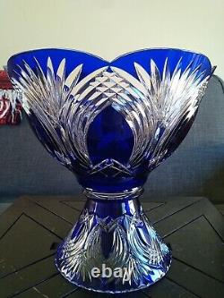 Vintage/Antique Bohemian Crystal Pedestal Punch Bowl Cobalt Blue Clear Hand Cut