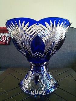 Vintage/Antique Bohemian Crystal Pedestal Punch Bowl Cobalt Blue Clear Hand Cut