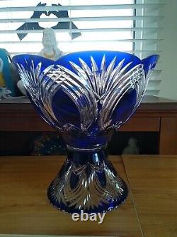 Vintage/Antique Bohemian Crystal Pedestal Punch Bowl Cobalt Blue Clear Hand Cut