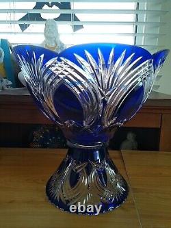 Vintage/Antique Bohemian Crystal Pedestal Punch Bowl Cobalt Blue Clear Hand Cut