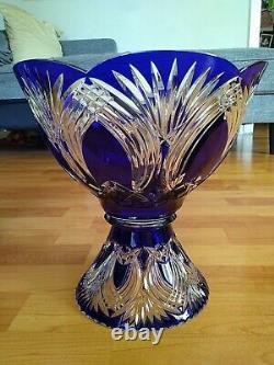 Vintage/Antique Bohemian Crystal Pedestal Punch Bowl Cobalt Blue Clear Hand Cut