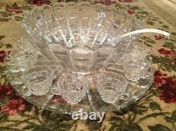 Vintage Antique Cambridge Glass Cascade Pattern Punch Bowl Set 12 Cups & Tray