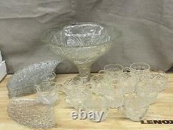Vintage Antique Etched Glass Punch Bowl Stand Cups & Appetizer Plates 21 pieces