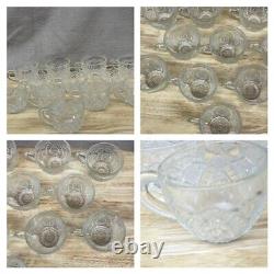 Vintage Antique Etched Glass Punch Bowl Stand Cups & Appetizer Plates 21 pieces