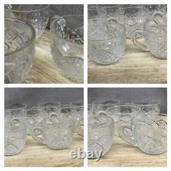 Vintage Antique Etched Glass Punch Bowl Stand Cups & Appetizer Plates 21 pieces