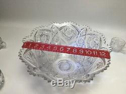 Vintage Antique Hobstar Cut Glass ABP Star Ray Punch Bowl With 11 Cups & Ladle