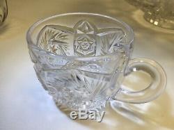 Vintage Antique Hobstar Cut Glass ABP Star Ray Punch Bowl With 11 Cups & Ladle