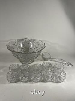 Vintage Antique Imperial Whirling Star Glass Punch Bowl Set, 12 Cups, With Ladle