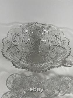Vintage Antique Imperial Whirling Star Glass Punch Bowl Set, 12 Cups, With Ladle