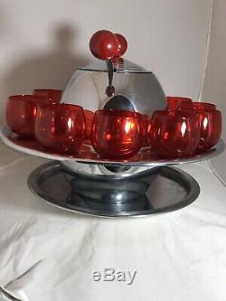 Vintage Art Deco Knowles Saturn Red Punch Bowl Set With Base 10 Glasses & Ladle