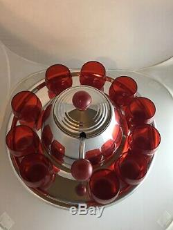 Vintage Art Deco Knowles Saturn Red Punch Bowl Set With Base 10 Glasses & Ladle