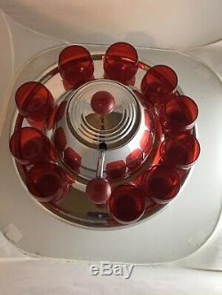 Vintage Art Deco Knowles Saturn Red Punch Bowl Set With Base 10 Glasses & Ladle