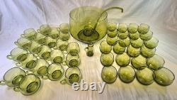 Vintage Avacado Green MCM 48 Piece Hand Blown Glass Punch Bowl And Cup Set