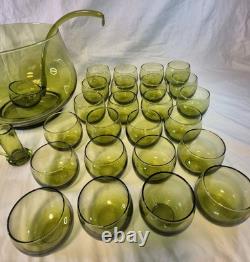 Vintage Avacado Green MCM 48 Piece Hand Blown Glass Punch Bowl And Cup Set