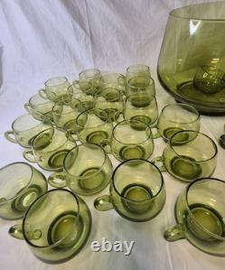 Vintage Avacado Green MCM 48 Piece Hand Blown Glass Punch Bowl And Cup Set