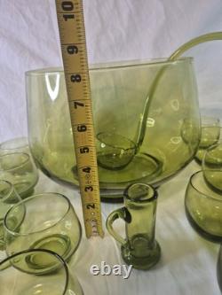 Vintage Avacado Green MCM 48 Piece Hand Blown Glass Punch Bowl And Cup Set