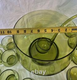 Vintage Avacado Green MCM 48 Piece Hand Blown Glass Punch Bowl And Cup Set