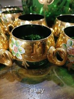 Vintage BOHEMIAN Czech Gold Gilt Hand Painted & ENAMELIZED Punch Bowl Set WOW