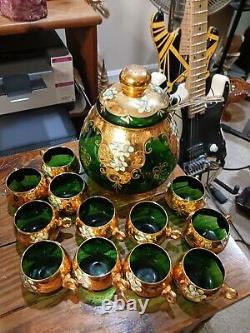 Vintage BOHEMIAN Czech Gold Gilt Hand Painted & ENAMELIZED Punch Bowl Set WOW