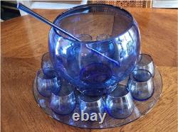 Vintage Blenko Blue Glass Punch Bowl Set with Underplate Tray, 10 Cups, Stir Stick
