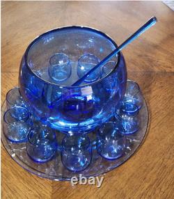 Vintage Blenko Blue Glass Punch Bowl Set with Underplate Tray, 10 Cups, Stir Stick Vintage Blenko Blue Glass Punch Bowl Set with Underplate Tray, 10 Cups, Stir Stick