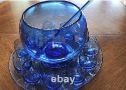 Vintage Blenko Blue Glass Punch Bowl Set with Underplate Tray, 10 Cups, Stir Stick