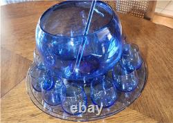 Vintage Blenko Blue Glass Punch Bowl Set with Underplate Tray, 10 Cups, Stir Stick