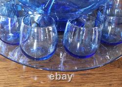 Vintage Blenko Blue Glass Punch Bowl Set with Underplate Tray, 10 Cups, Stir Stick