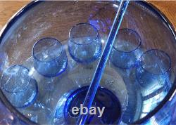 Vintage Blenko Blue Glass Punch Bowl Set with Underplate Tray, 10 Cups, Stir Stick