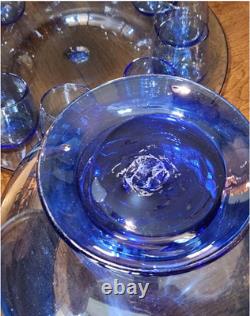 Vintage Blenko Blue Glass Punch Bowl Set with Underplate Tray, 10 Cups, Stir Stick