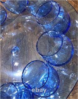 Vintage Blenko Blue Glass Punch Bowl Set with Underplate Tray, 10 Cups, Stir Stick