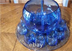 Vintage Blenko Blue Glass Punch Bowl Set with Underplate Tray, 10 Cups, Stir Stick