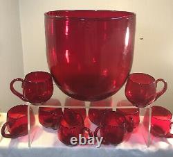 Vintage Blenko Glass Punch Bowl 377l Cups Set 11 Pcs Ruby Red Winslow Anderson