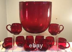 Vintage Blenko Glass Punch Bowl 377l Cups Set 11 Pcs Ruby Red Winslow Anderson