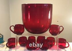 Vintage Blenko Glass Punch Bowl 377l Cups Set 11 Pcs Ruby Red Winslow Anderson