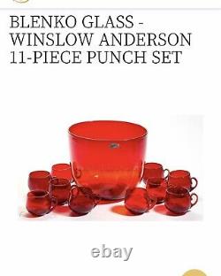 Vintage Blenko Glass Punch Bowl 377l Cups Set 11 Pcs Ruby Red Winslow Anderson