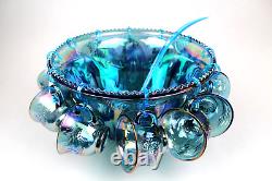 Vintage Blue Carnival Glass Princess Punch Bowl Set Indiana Glass Iridescent