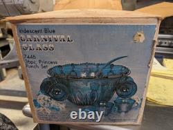 Vintage Blue Carnival Glass Princess Punch Bowl Set Indiana Glass Iridescent
